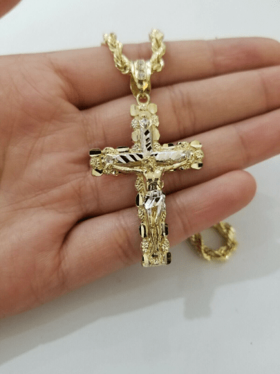 10k yellow gold rope chain with cross charm pendant set real 10kt 4mm necklace - Reva Jeweler