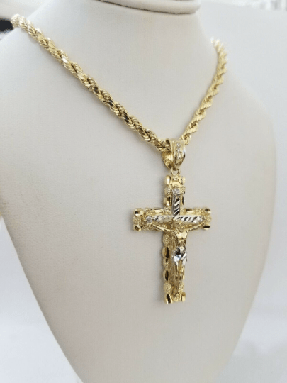 10k yellow gold rope chain with cross charm pendant set real 10kt 4mm necklace - Reva Jeweler