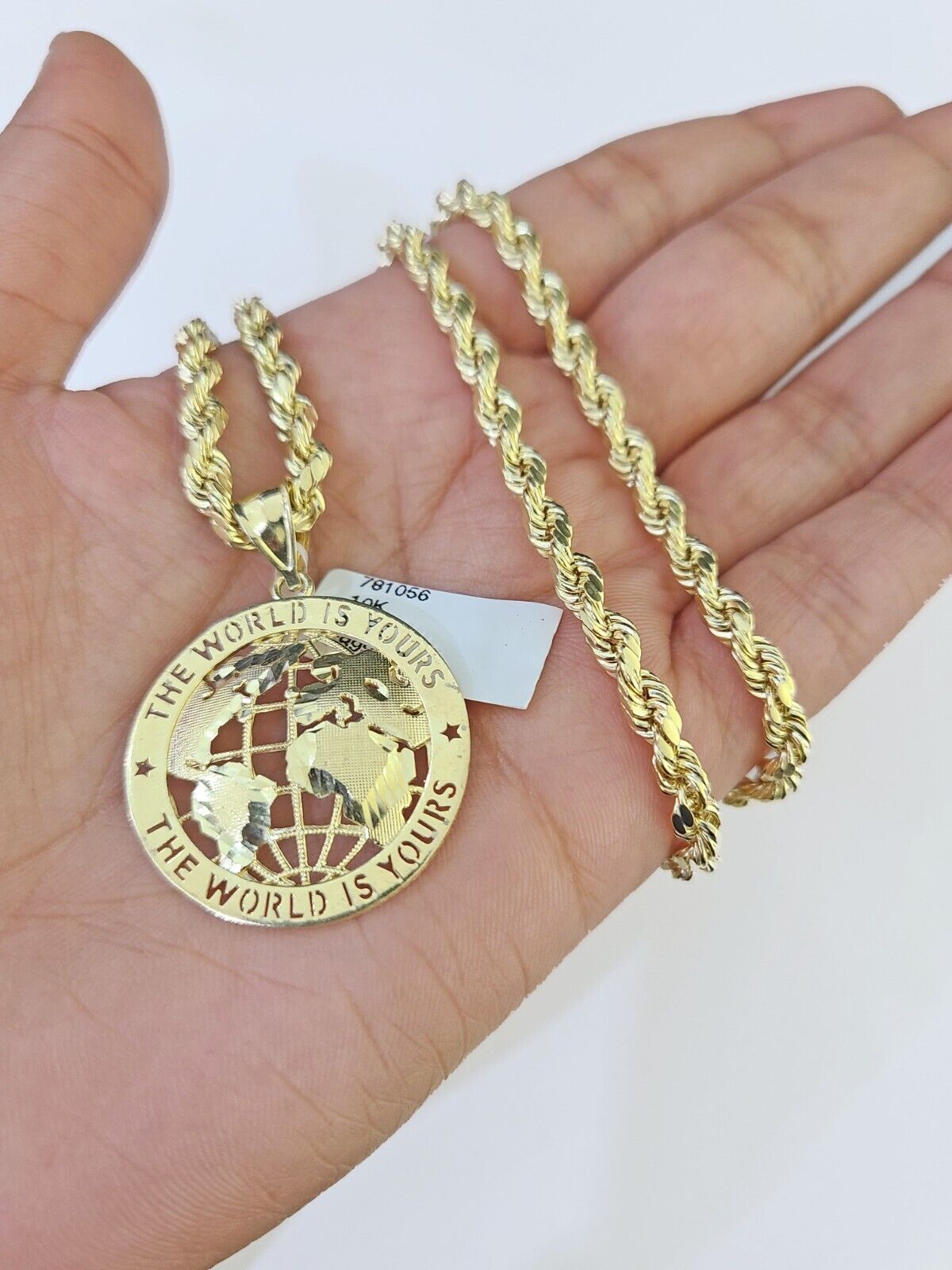 10k Yellow Gold Rope Chain World is Yours Charm Set 4mm 18" - 26"Inch Necklace - Reva Jeweler