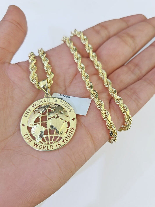10k Yellow Gold Rope Chain World is Yours Charm Set 4mm 18" - 26"Inch Necklace - Reva Jeweler