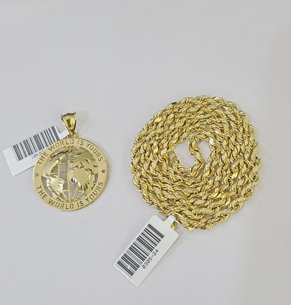 10k Yellow Gold Rope Chain World is Yours Charm Set 4mm 18" - 26"Inch Necklace - Reva Jeweler