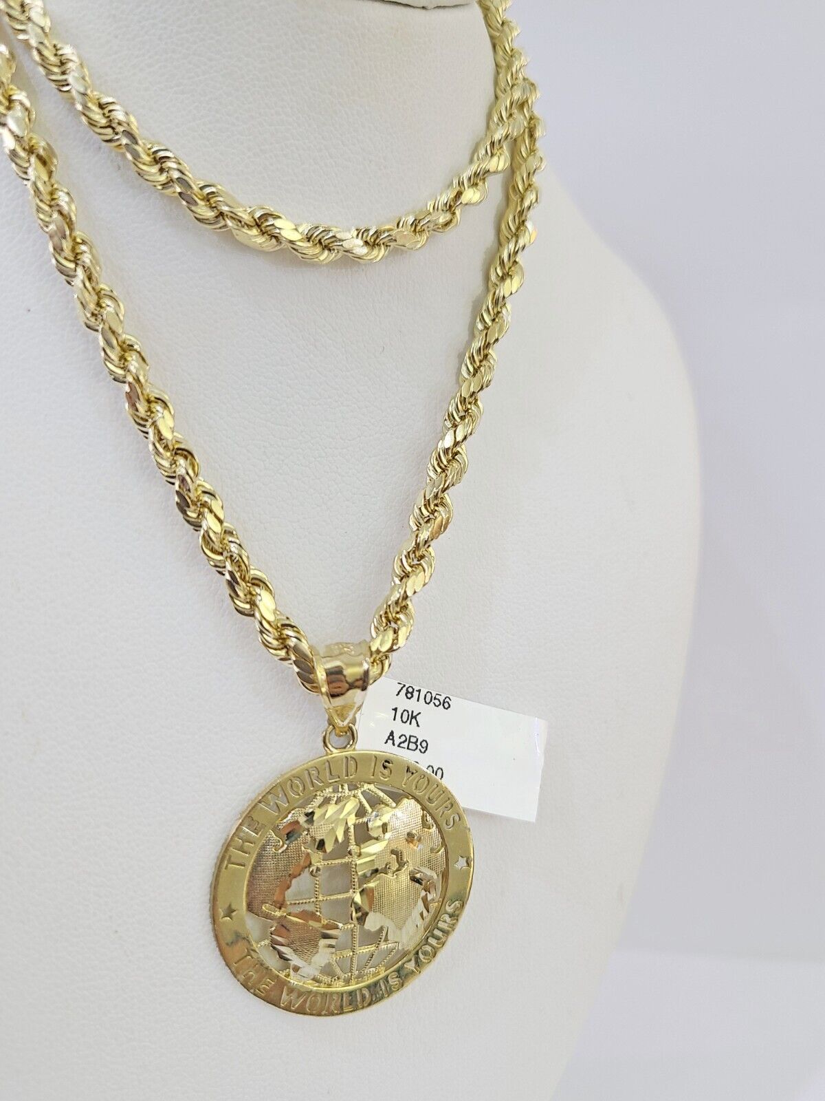 10k Yellow Gold Rope Chain World is Yours Charm Set 4mm 18" - 26"Inch Necklace - Reva Jeweler