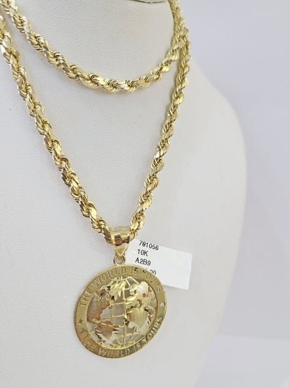 10k Yellow Gold Rope Chain World is Yours Charm Set 4mm 18" - 26"Inch Necklace - Reva Jeweler