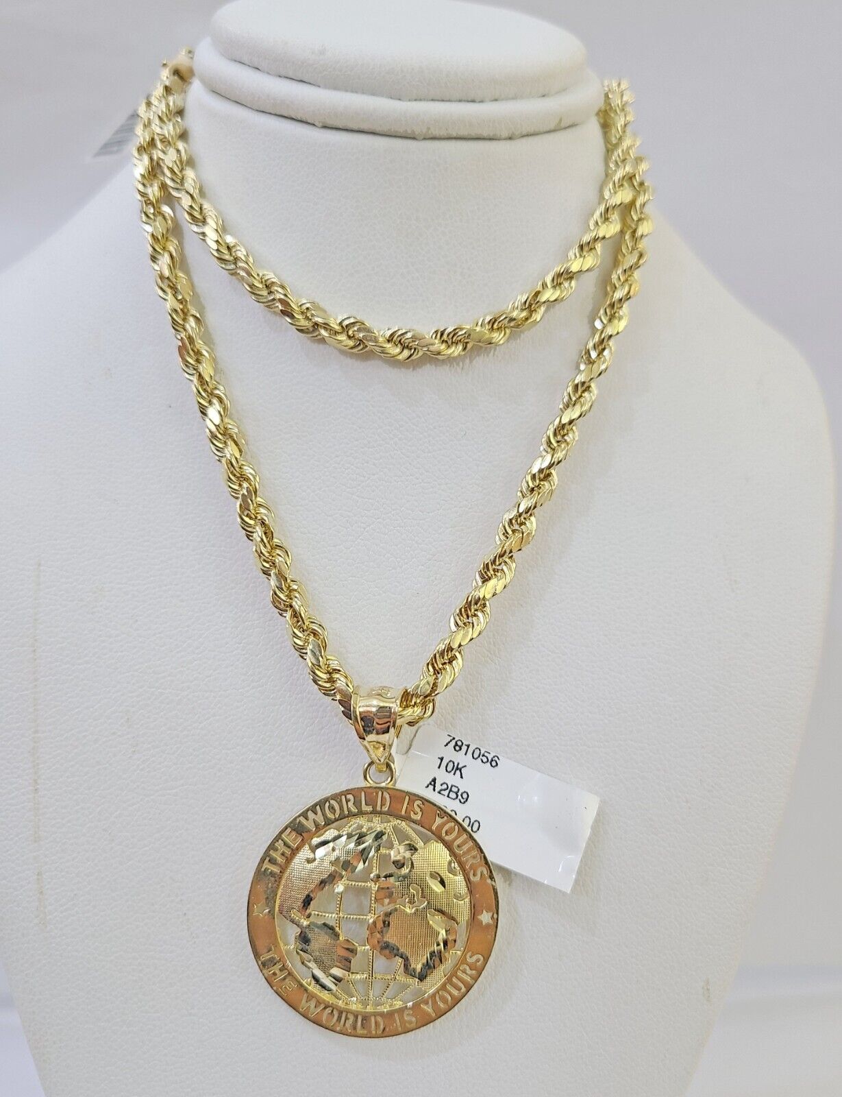 10k Yellow Gold Rope Chain World is Yours Charm Set 4mm 18" - 26"Inch Necklace - Reva Jeweler