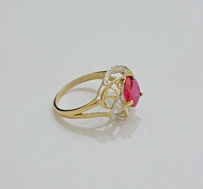 10k Yellow Gold Women Ring Pink Red Color Ladies Flower Band REAL 10KT Size 7.5 - Reva Jeweler