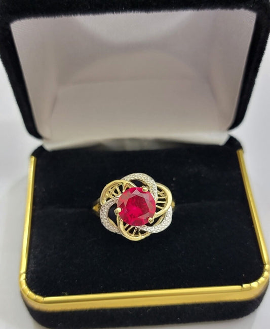 10k Yellow Gold Women Ring Pink Red Color Ladies Flower Band REAL 10KT Size 7.5 - Reva Jeweler