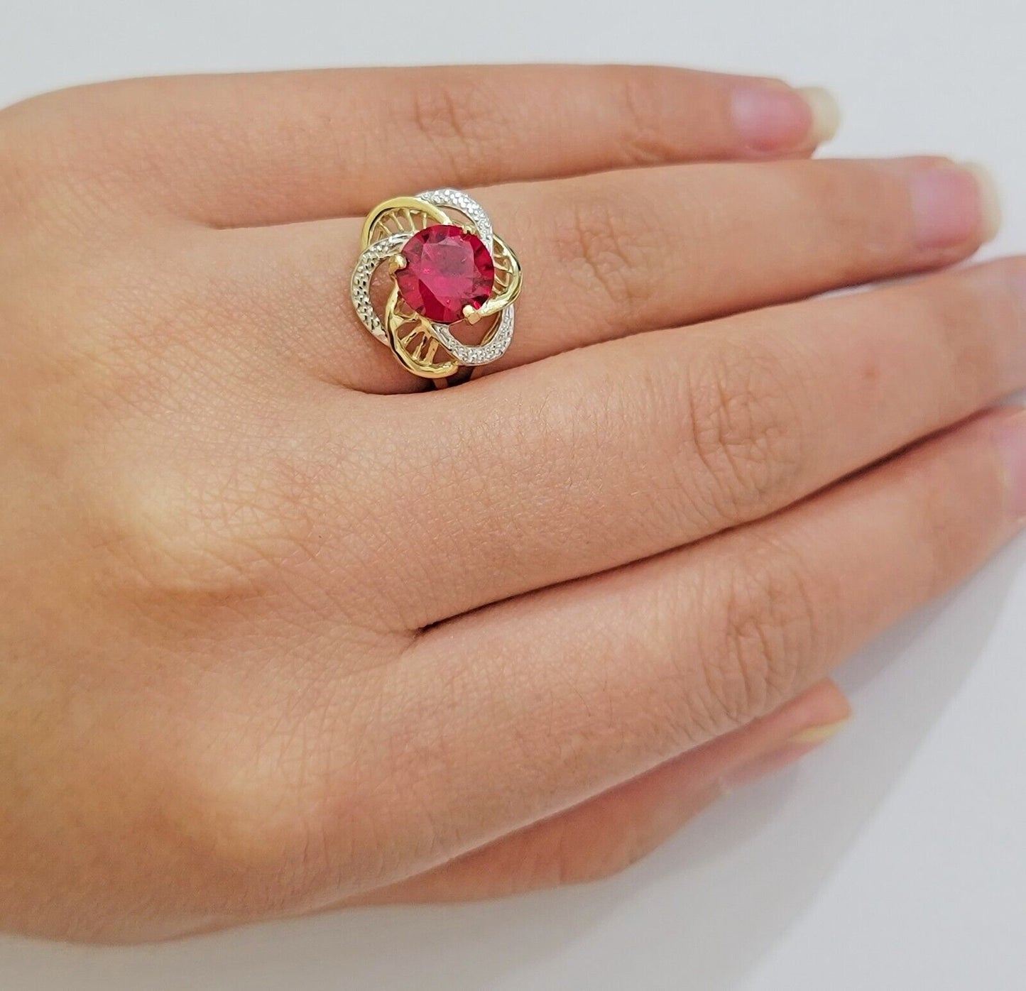 10k Yellow Gold Women Ring Pink Red Color Ladies Flower Band REAL 10KT Size 7.5 - Reva Jeweler