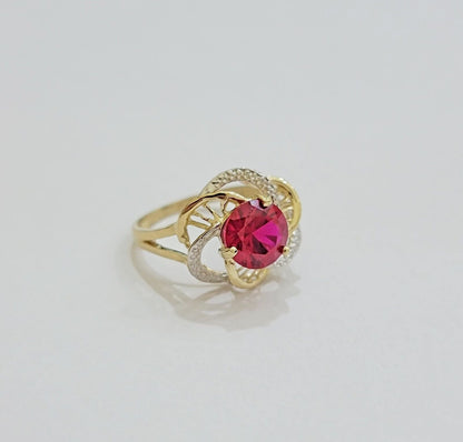 10k Yellow Gold Women Ring Pink Red Color Ladies Flower Band REAL 10KT Size 7.5 - Reva Jeweler