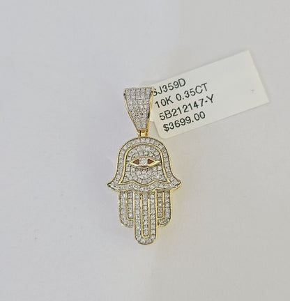 10k Yelow Gold Diamond Hamsa Hand Charm Miami Cuban Link Chain Necklace DISCOUNT - Reva Jeweler