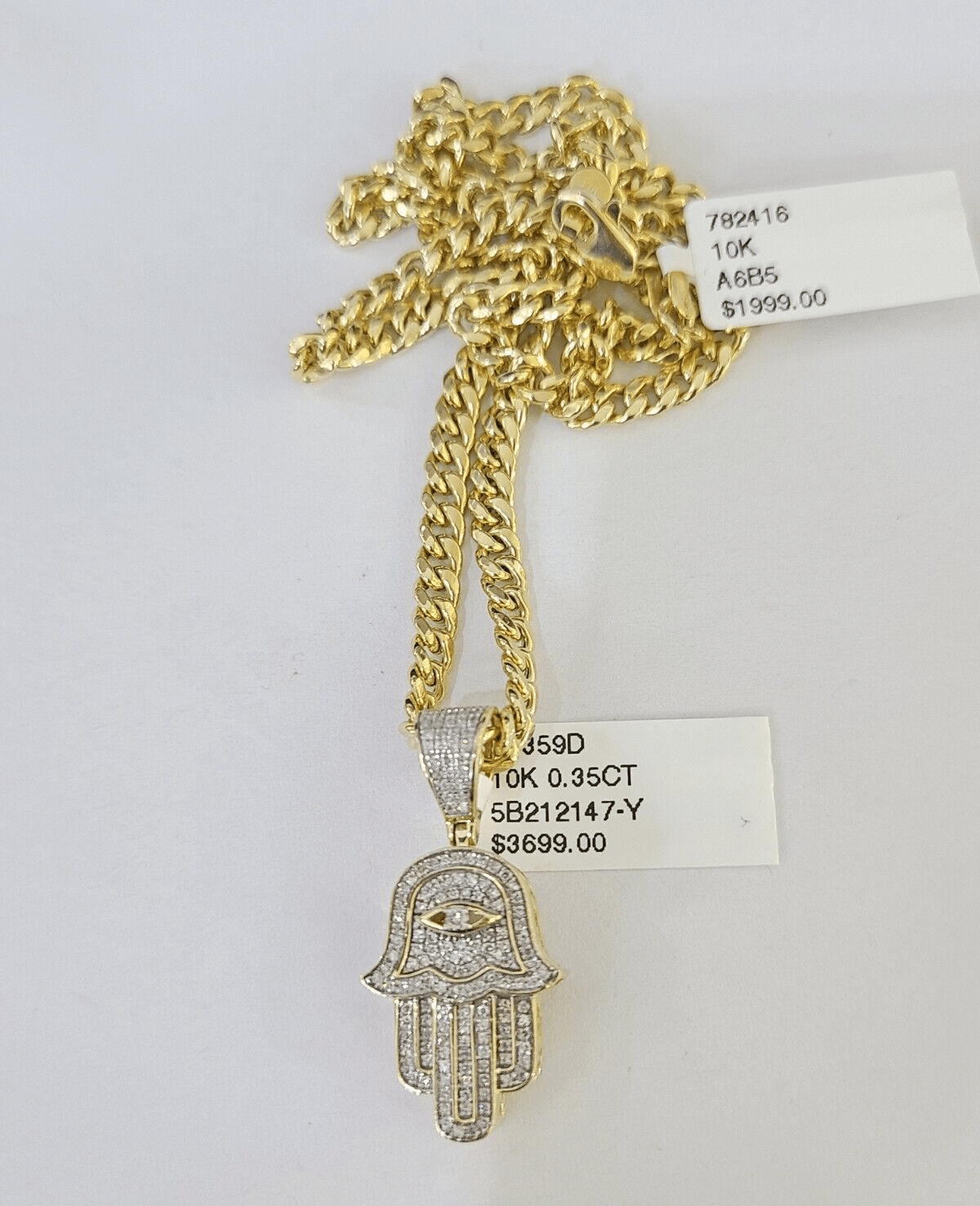10k Yelow Gold Diamond Hamsa Hand Charm Miami Cuban Link Chain Necklace DISCOUNT - Reva Jeweler