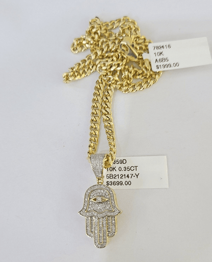 10k Yelow Gold Diamond Hamsa Hand Charm Miami Cuban Link Chain Necklace DISCOUNT - Reva Jeweler