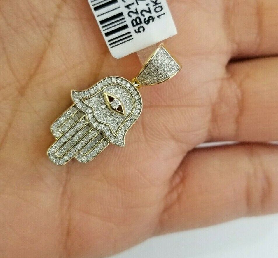 10k Yelow Gold Diamond Hamsa Hand Charm Miami Cuban Link Chain Necklace DISCOUNT - Reva Jeweler