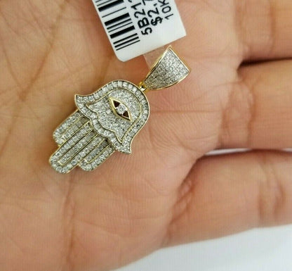 10k Yelow Gold Diamond Hamsa Hand Charm Miami Cuban Link Chain Necklace DISCOUNT - Reva Jeweler