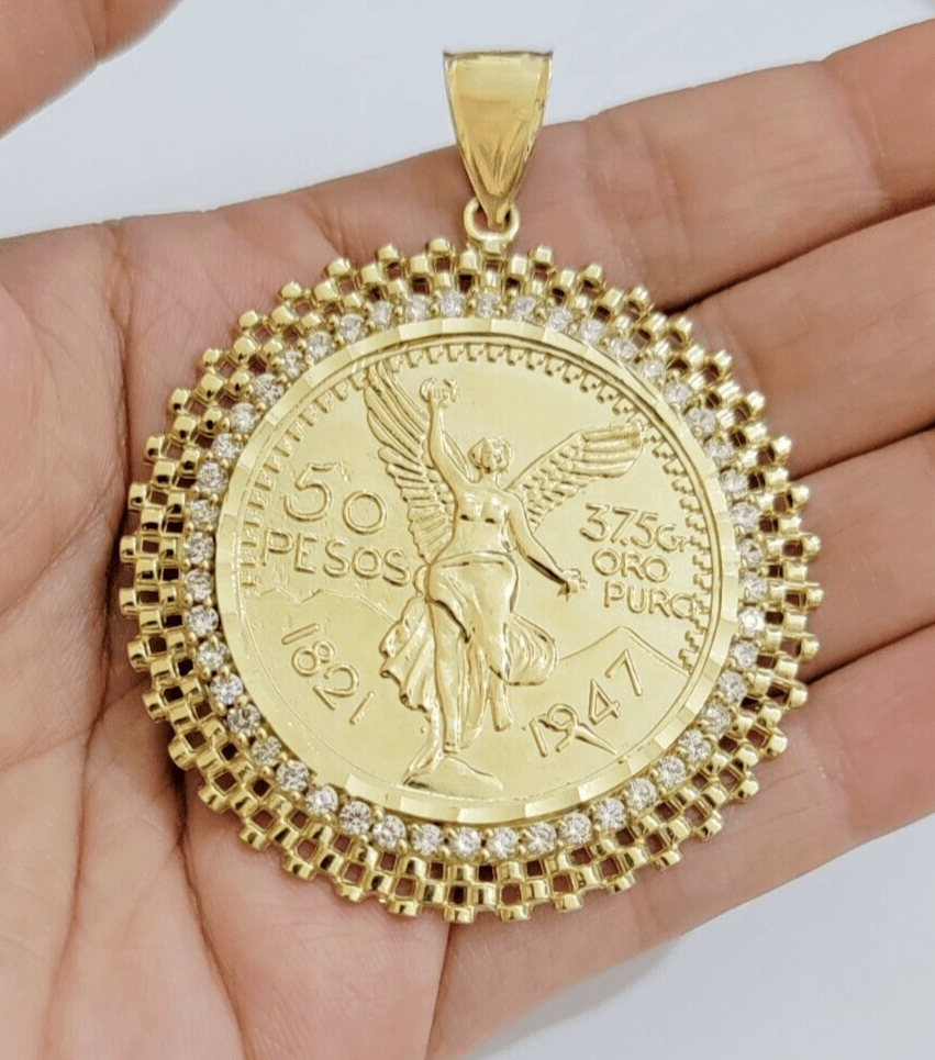 10kt Gold 1947 Mexican Centenario Coin Charm Pendant 50 pesos With 10k Bezel NEW - Reva Jeweler