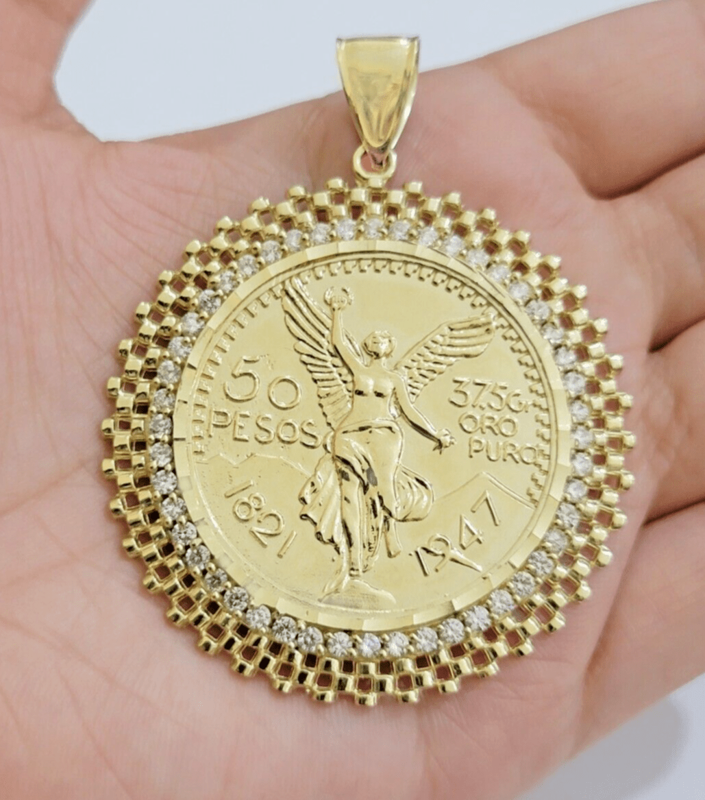 10kt Gold 1947 Mexican Centenario Coin Charm Pendant 50 pesos With 10k Bezel NEW - Reva Jeweler