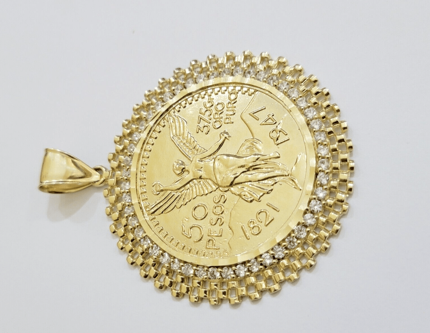 10kt Gold 1947 Mexican Centenario Coin Charm Pendant 50 pesos With 10k Bezel NEW - Reva Jeweler