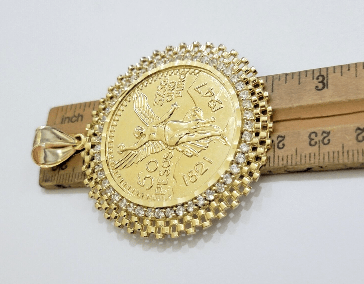 10kt Gold 1947 Mexican Centenario Coin Charm Pendant 50 pesos With 10k Bezel NEW - Reva Jeweler