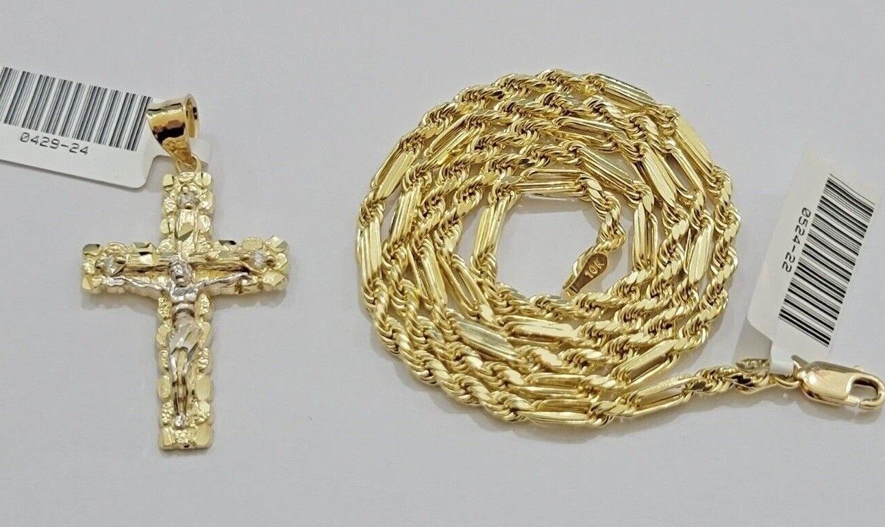 10kt Gold Milano Rope Chain Cross Charm Pendant Set 18 - 24 Inch 3mm Necklace REAL - Reva Jeweler