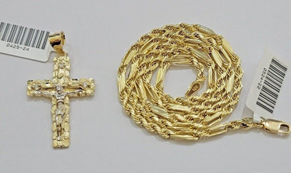 10kt Gold Milano Rope Chain Cross Charm Pendant Set 18 - 24 Inch 3mm Necklace REAL - Reva Jeweler