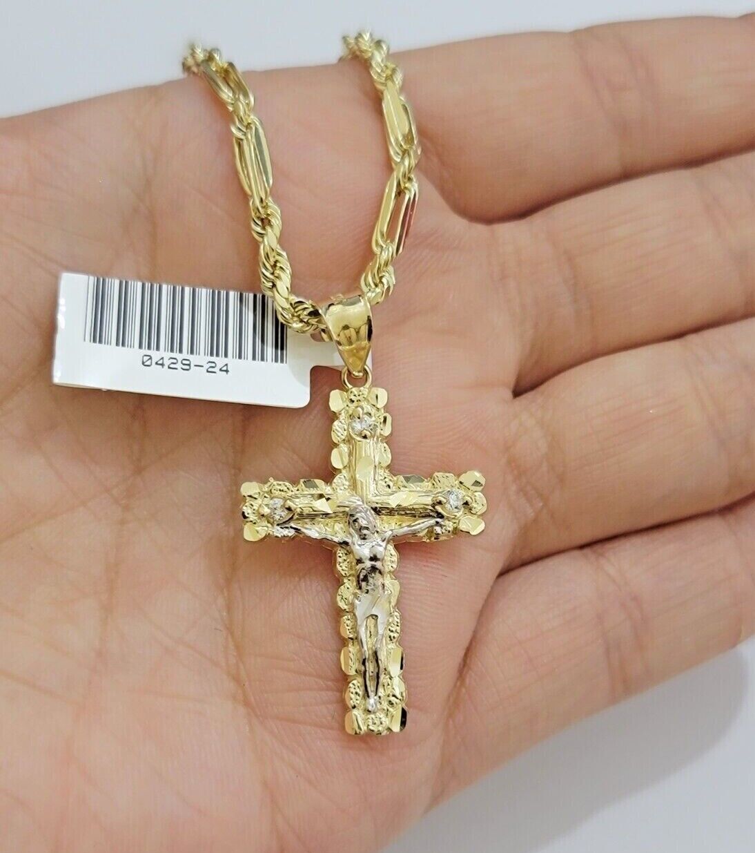 10kt Gold Milano Rope Chain Cross Charm Pendant Set 18 - 24 Inch 3mm Necklace REAL - Reva Jeweler