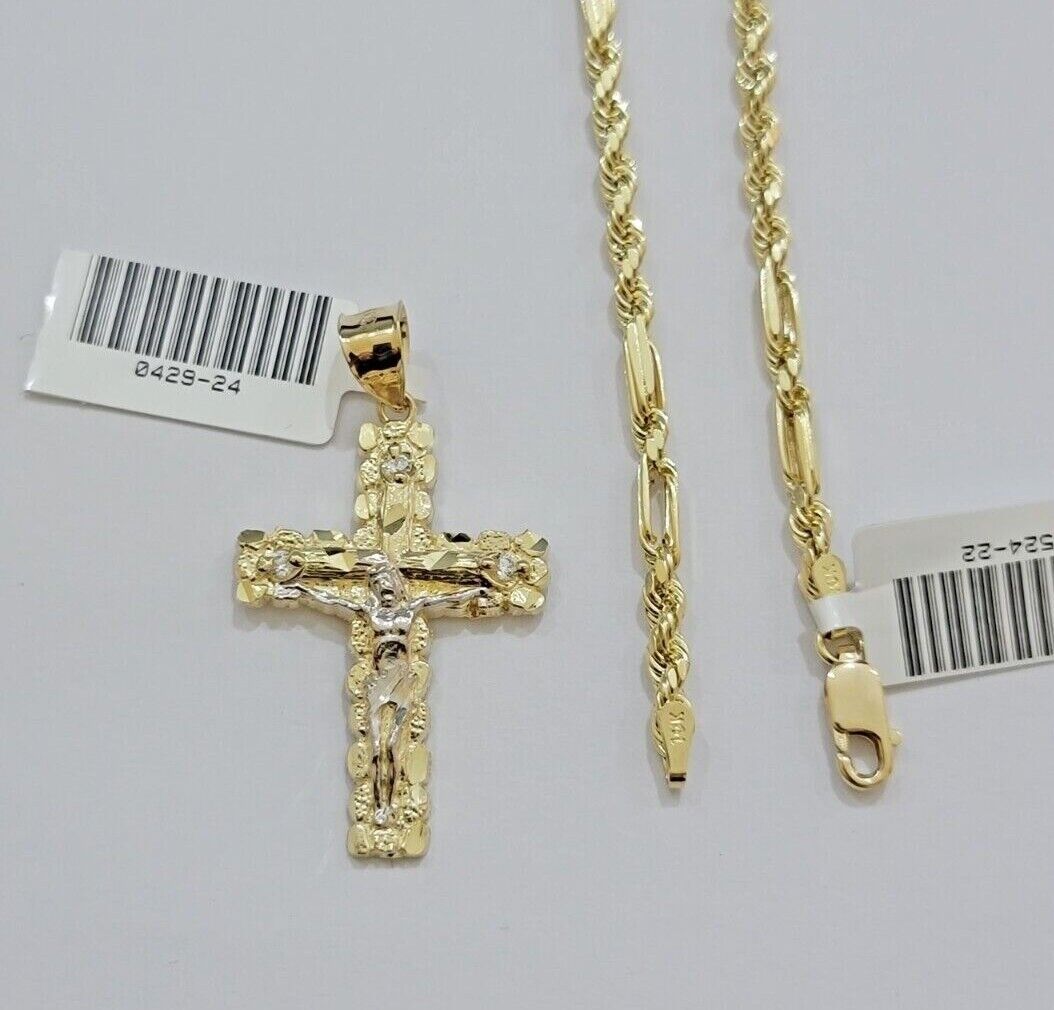 10kt Gold Milano Rope Chain Cross Charm Pendant Set 18 - 24 Inch 3mm Necklace REAL - Reva Jeweler