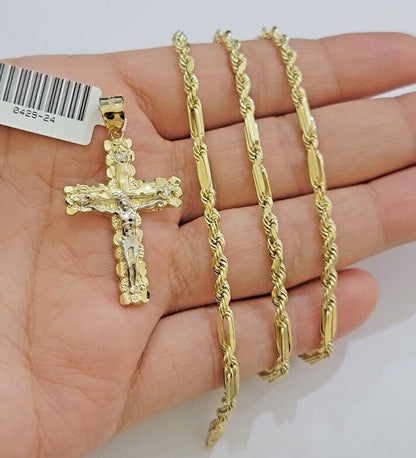 10kt Gold Milano Rope Chain Cross Charm Pendant Set 18 - 24 Inch 3mm Necklace REAL - Reva Jeweler