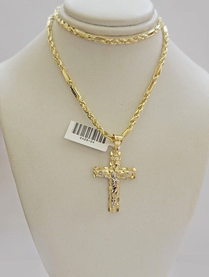 10kt Gold Milano Rope Chain Cross Charm Pendant Set 18 - 24 Inch 3mm Necklace REAL - Reva Jeweler