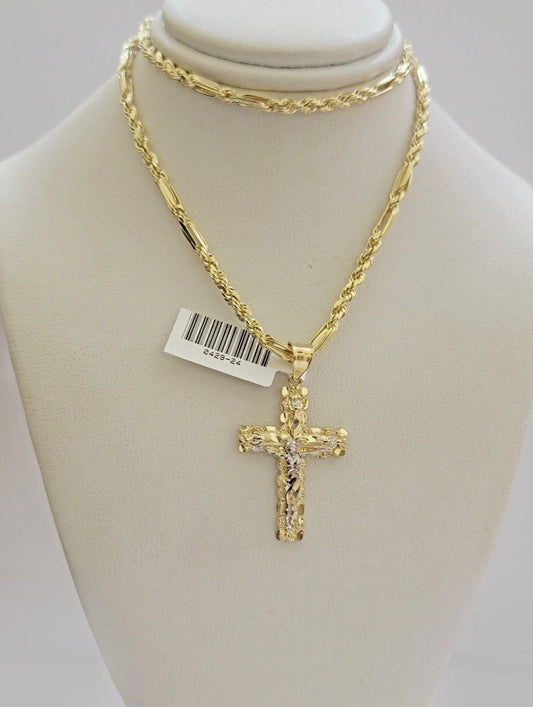 10kt Gold Milano Rope Chain Cross Charm Pendant Set 18 - 24 Inch 3mm Necklace REAL - Reva Jeweler