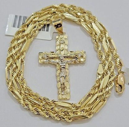 10kt Gold Milano Rope Chain Cross Charm Pendant Set 18 - 24 Inch 3mm Necklace REAL - Reva Jeweler
