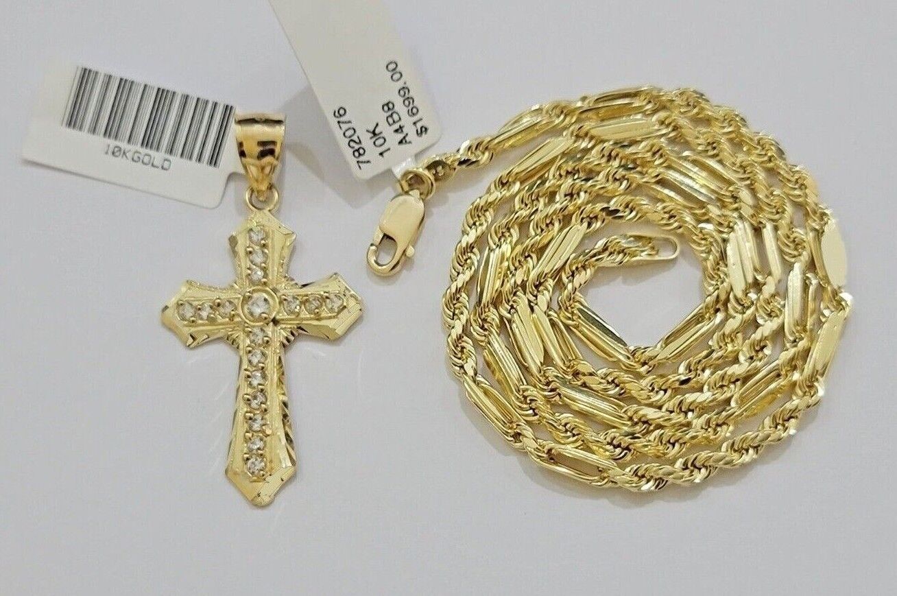 10kt Gold Milano Rope Chain Jesus Cross Charm Pendant Set 18 - 24'' Inch Necklace - Reva Jeweler