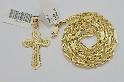 10kt Gold Milano Rope Chain Jesus Cross Charm Pendant Set 18 - 24'' Inch Necklace - Reva Jeweler