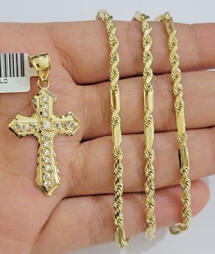 10kt Gold Milano Rope Chain Jesus Cross Charm Pendant Set 18 - 24'' Inch Necklace - Reva Jeweler