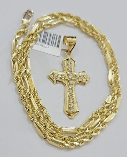 10kt Gold Milano Rope Chain Jesus Cross Charm Pendant Set 18 - 24'' Inch Necklace - Reva Jeweler