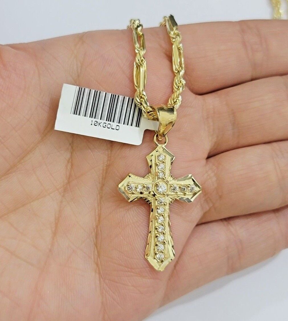 10kt Gold Milano Rope Chain Jesus Cross Charm Pendant Set 18 - 24'' Inch Necklace - Reva Jeweler