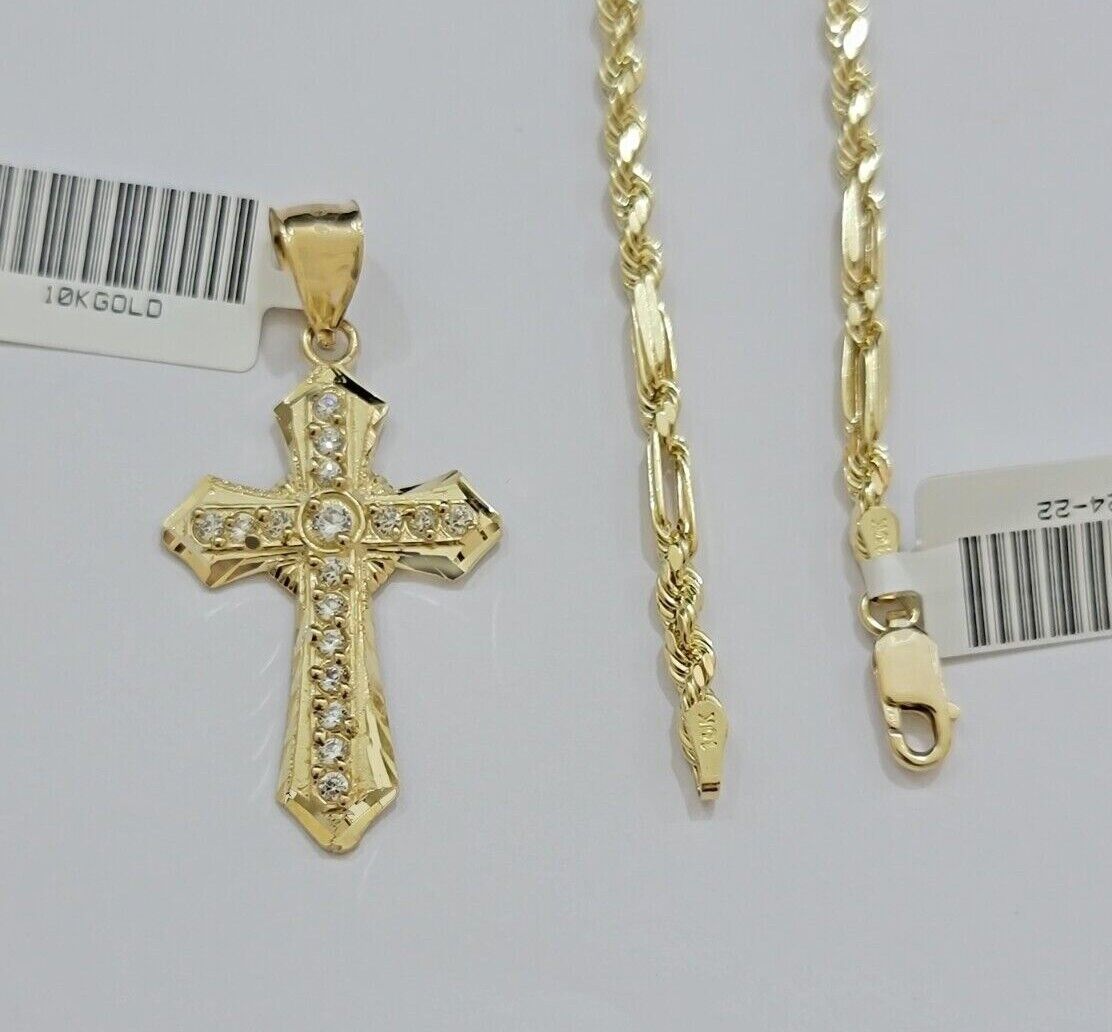 10kt Gold Milano Rope Chain Jesus Cross Charm Pendant Set 18 - 24'' Inch Necklace - Reva Jeweler