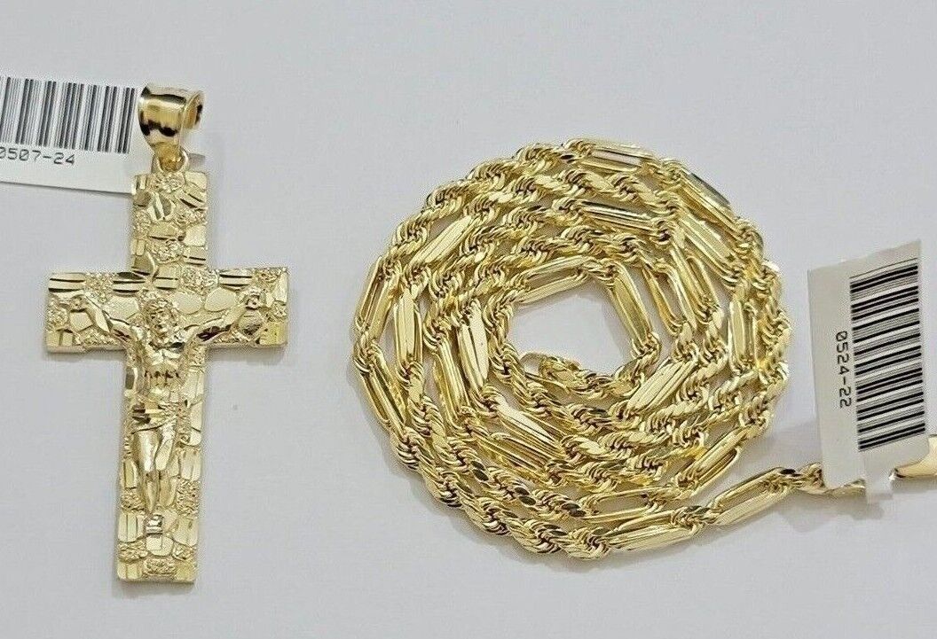 10kt Gold Milano Rope Chain Nugget Cross Charm Pendant Set 18 - 24'' Inch Necklace - Reva Jeweler