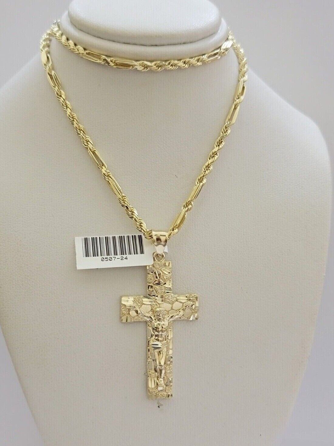 10kt Gold Milano Rope Chain Nugget Cross Charm Pendant Set 18 - 24'' Inch Necklace - Reva Jeweler