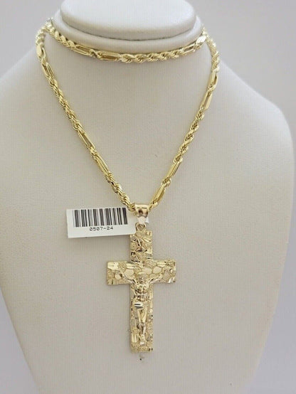 10kt Gold Milano Rope Chain Nugget Cross Charm Pendant Set 18 - 24'' Inch Necklace - Reva Jeweler