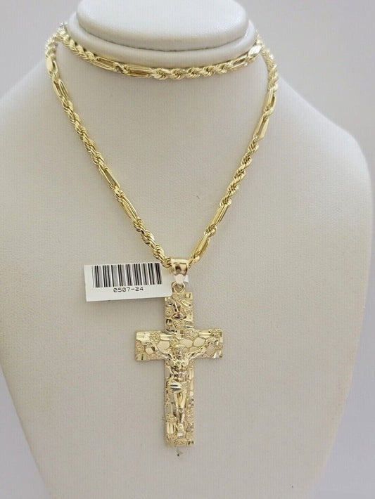 10kt Gold Milano Rope Chain Nugget Cross Charm Pendant Set 18 - 24'' Inch Necklace - Reva Jeweler
