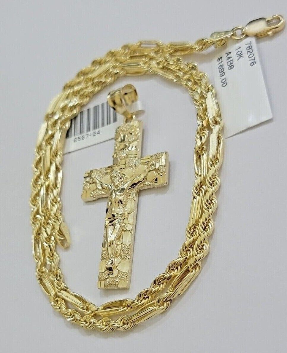 10kt Gold Milano Rope Chain Nugget Cross Charm Pendant Set 18 - 24'' Inch Necklace - Reva Jeweler