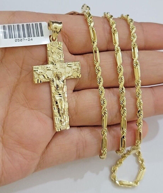 10kt Gold Milano Rope Chain Nugget Cross Charm Pendant Set 18 - 24'' Inch Necklace - Reva Jeweler