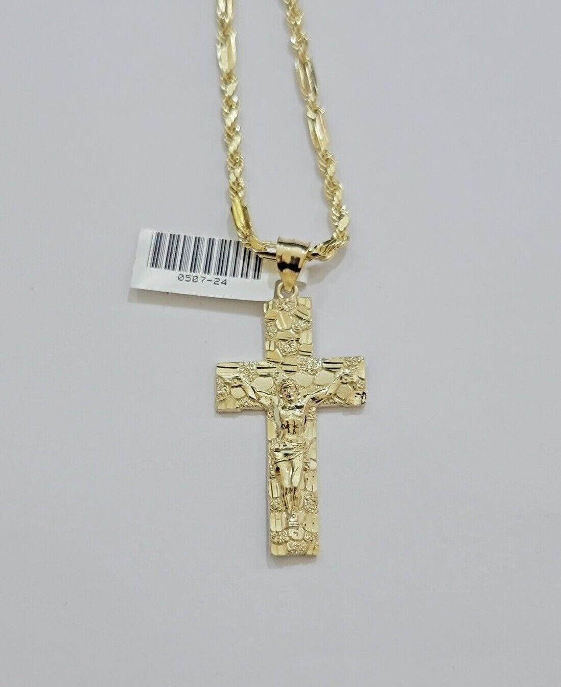 10kt Gold Milano Rope Chain Nugget Cross Charm Pendant Set 18 - 24'' Inch Necklace - Reva Jeweler