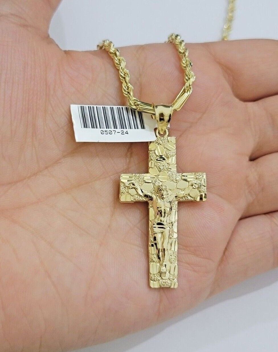 10kt Gold Milano Rope Chain Nugget Cross Charm Pendant Set 18 - 24'' Inch Necklace - Reva Jeweler