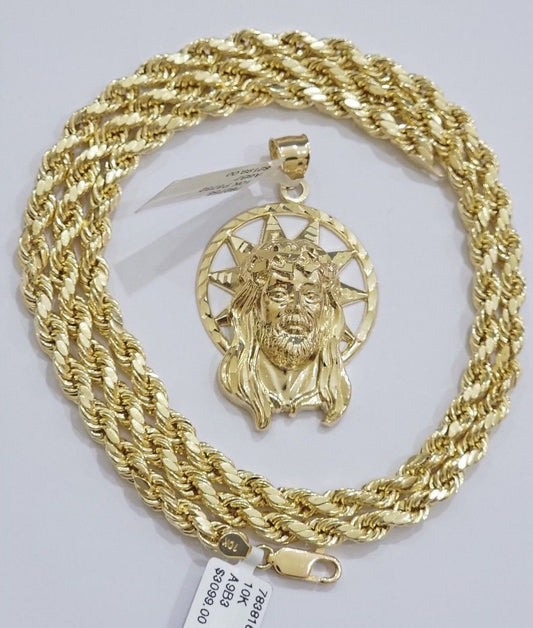 10kt Gold Rope Chain Jesus Head Charm Pendant Set 18 - 30'' Inch 5mm Necklace SALE - Reva Jeweler