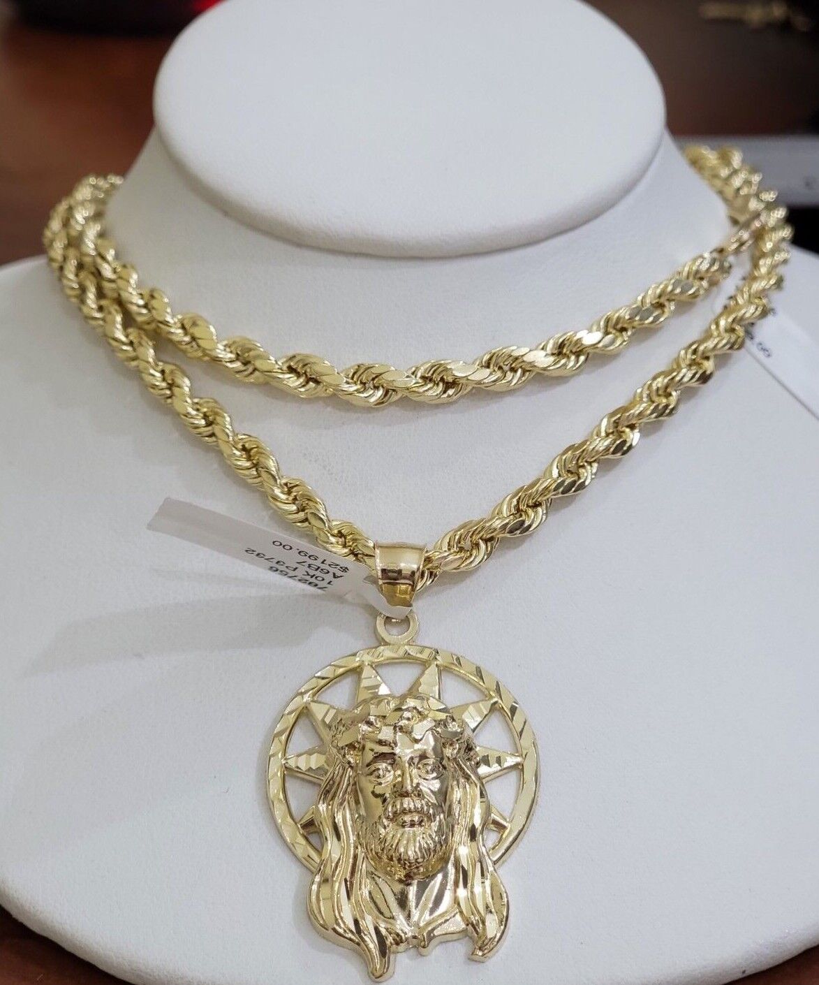 10kt Gold Rope Chain Jesus Head Charm Pendant Set 18 - 30'' Inch 5mm Necklace SALE - Reva Jeweler