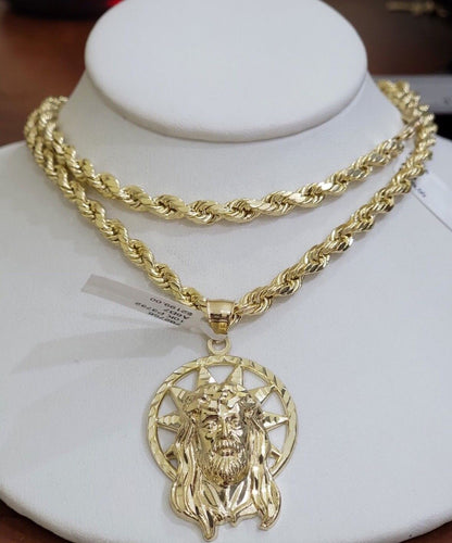 10kt Gold Rope Chain Jesus Head Charm Pendant Set 18 - 30'' Inch 5mm Necklace SALE - Reva Jeweler