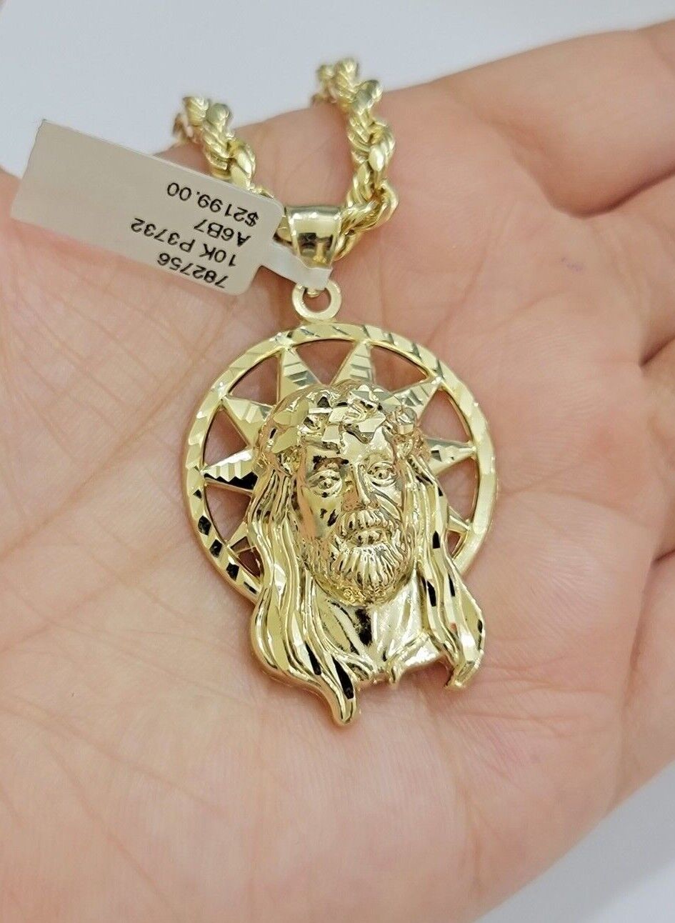 10kt Gold Rope Chain Jesus Head Charm Pendant Set 18 - 30'' Inch 5mm Necklace SALE - Reva Jeweler