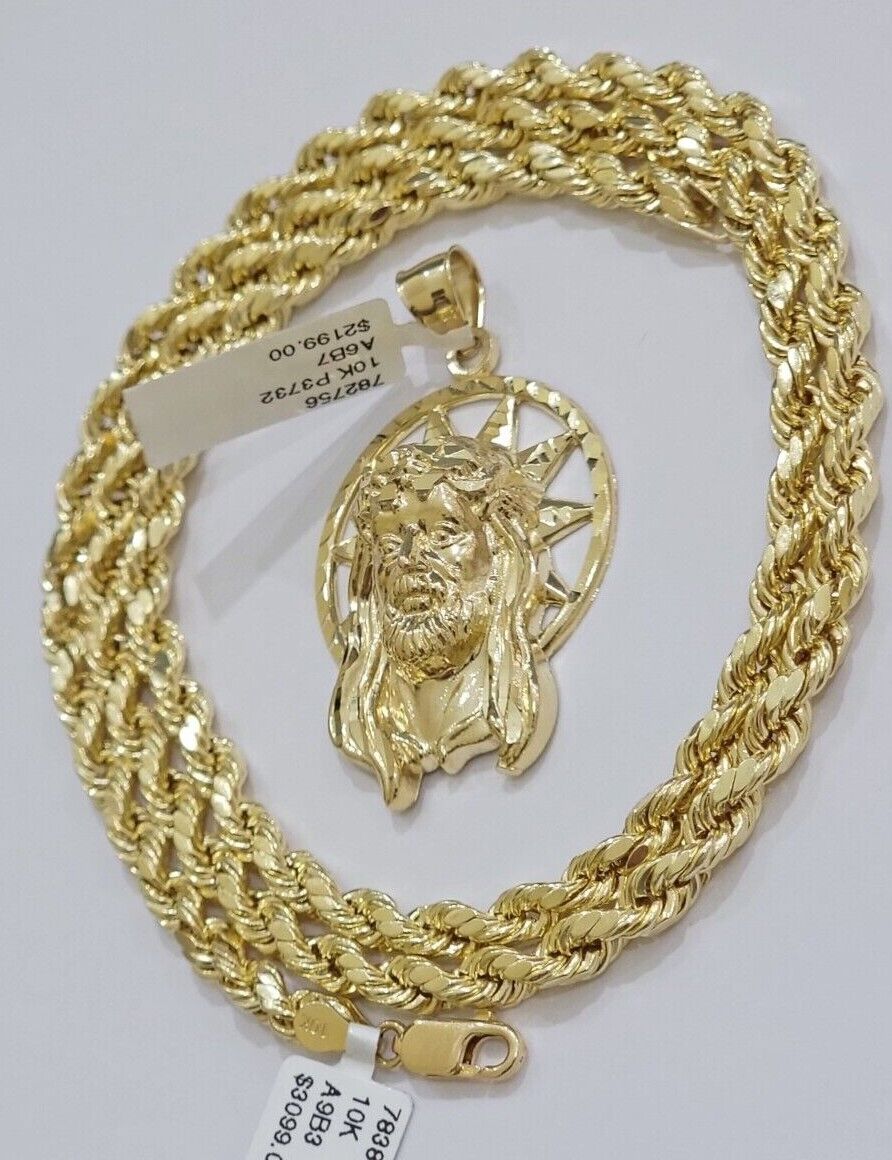 10kt Gold Rope Chain Jesus Head Charm Pendant Set 18 - 30'' Inch 5mm Necklace SALE - Reva Jeweler