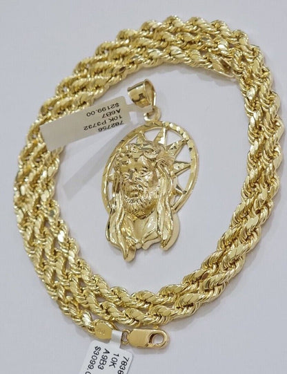 10kt Gold Rope Chain Jesus Head Charm Pendant Set 18 - 30'' Inch 5mm Necklace SALE - Reva Jeweler