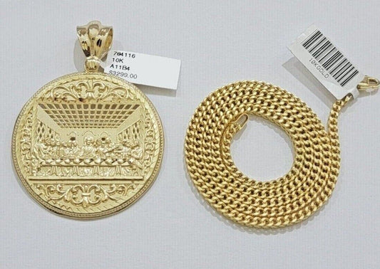 10kt Yellow Gold Last Supper Charm Pendant Franco Chain Necklace 3mm 26"Inch 10k - Reva Jeweler